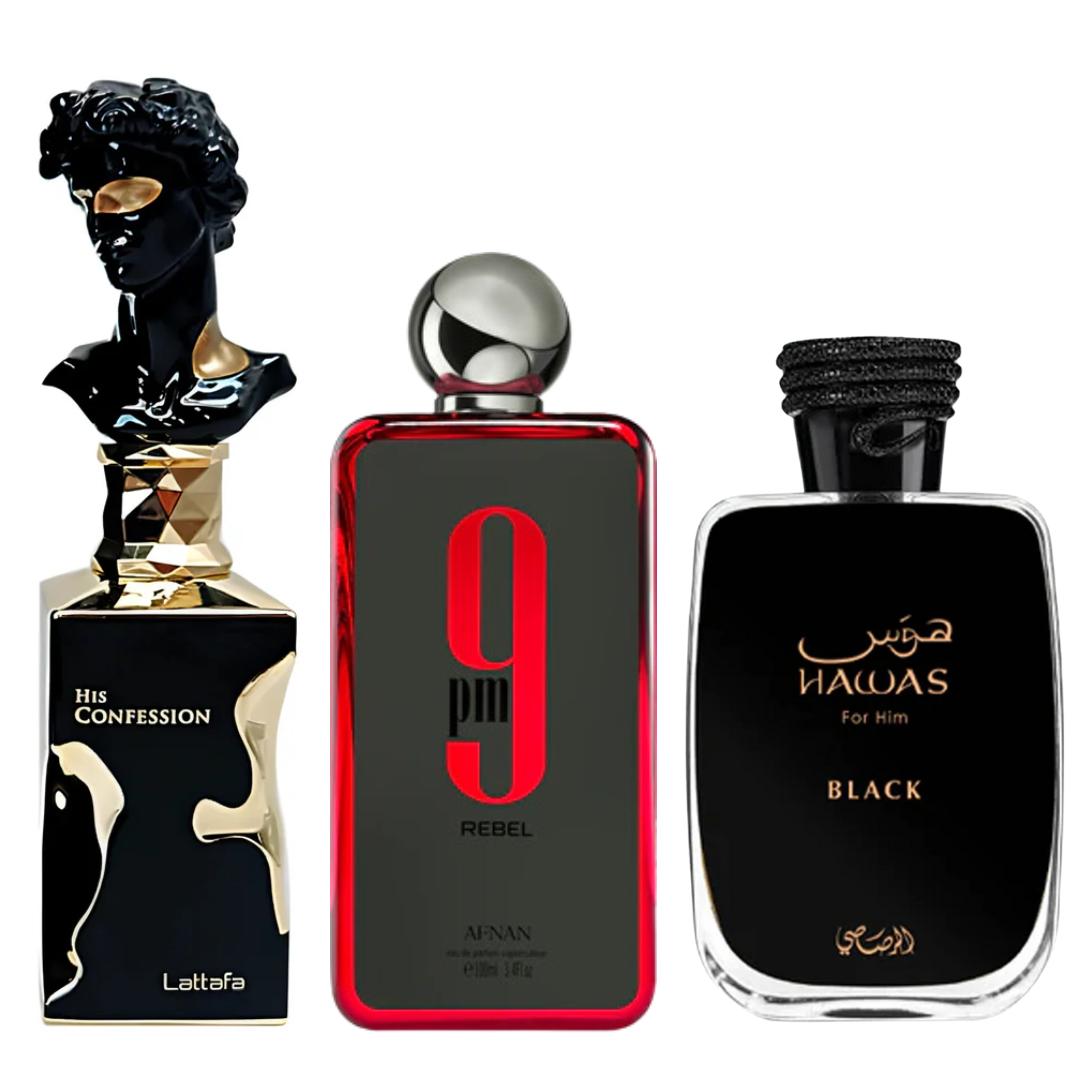 Lattafa Hawas Black + 9pm Rebel + 1 More — 3-Piece Bundle by Lattafa — Authentic Arabic Fragrance | Qamare