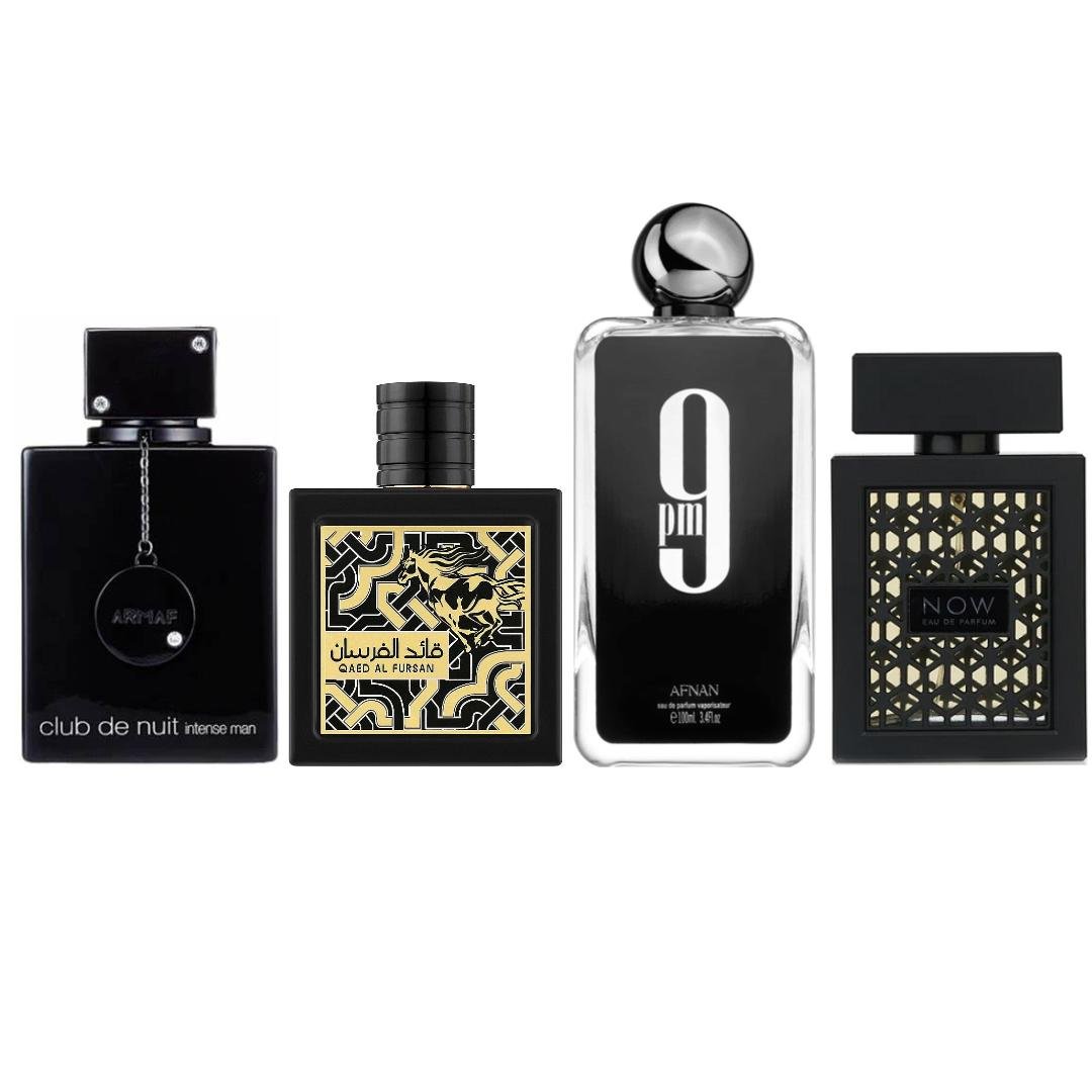 Afnan 9pm + rave Now Black + 2 More — 4-Piece Bundle by Afnan — Authentic Arabic Fragrance | Qamare