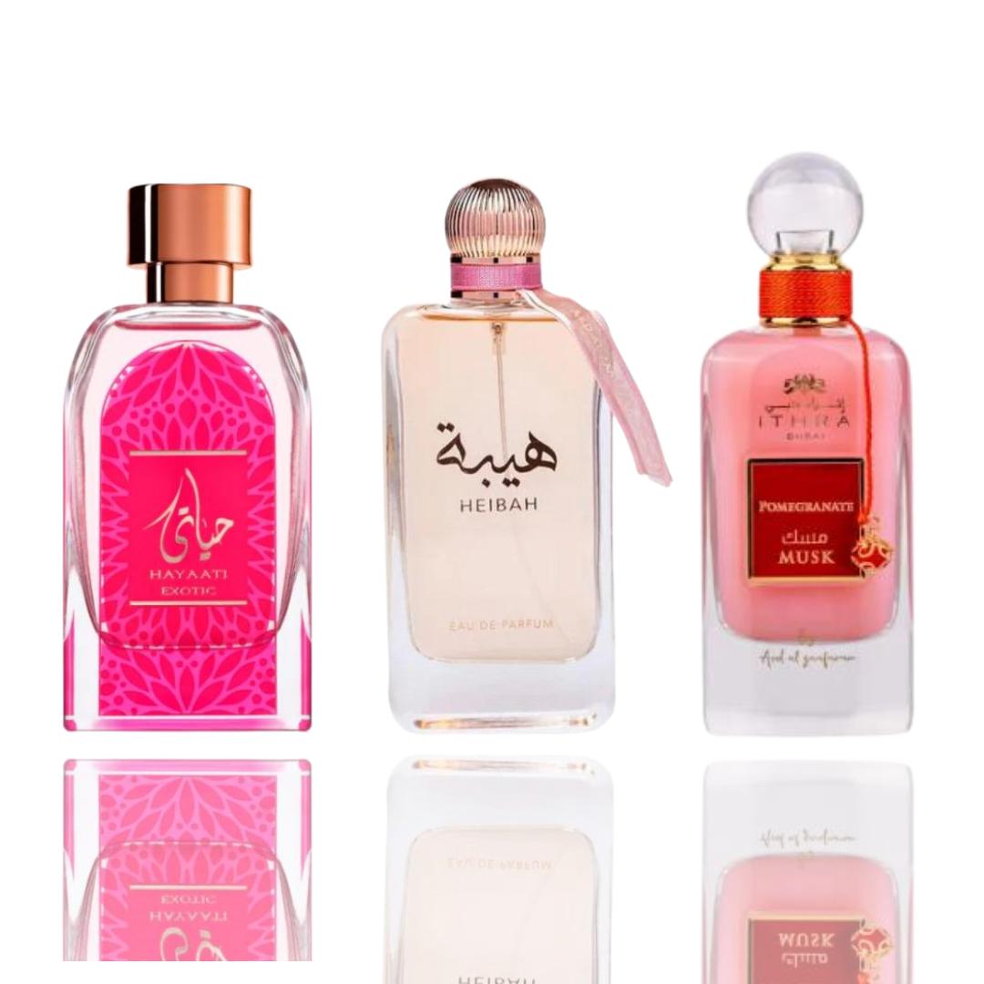 Heibah + Ithra Dubai Pomegranate + 1 More — 3-Piece Bundle by Qamare — Authentic Arabic Fragrance | Qamare