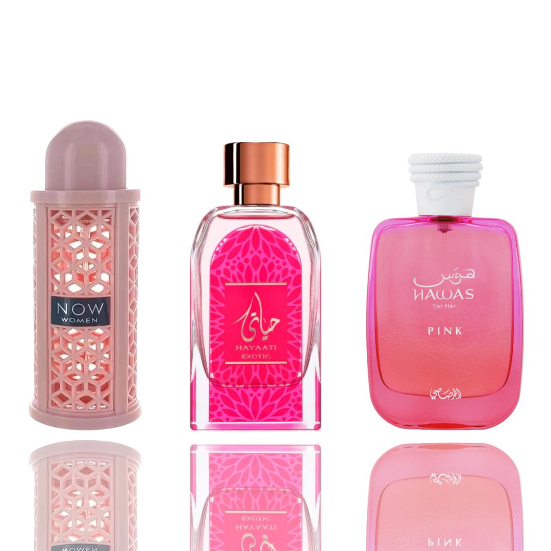 Hawas Pink + Now Pnk + 1 More — 3-Piece Bundle by Qamare — Authentic Arabic Fragrance | Qamare