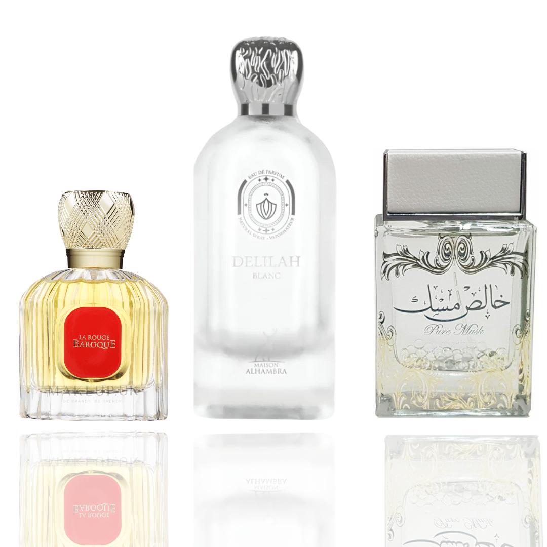 Delilah Blanc + La Rouge Baroque + 1 More — 3-Piece Bundle by Qamare — Authentic Arabic Fragrance | Qamare