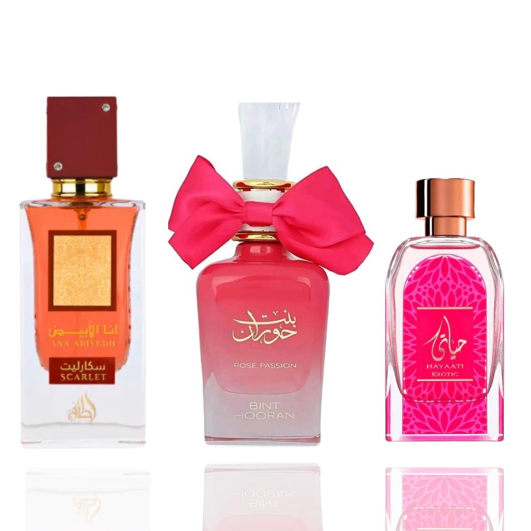 Ana Abiyedh Scarlet + Bint Hooran Ross Passion + 1 More — 3-Piece by Qamare — Authentic Arabic Fragrance | Qamare