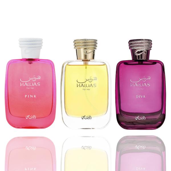 Hawas Diva + Hawas Pink + 1 More — 3-Piece Bundle by Qamare — Authentic Arabic Fragrance | Qamare