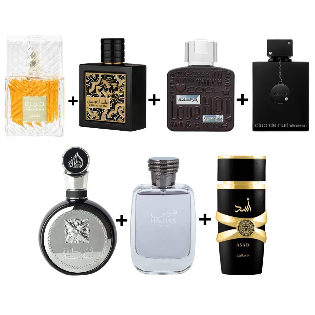 Lattafa Asad + Khamrah + 5 More — 7-Piece Bundle by Lattafa — Authentic Arabic Fragrance | Qamare