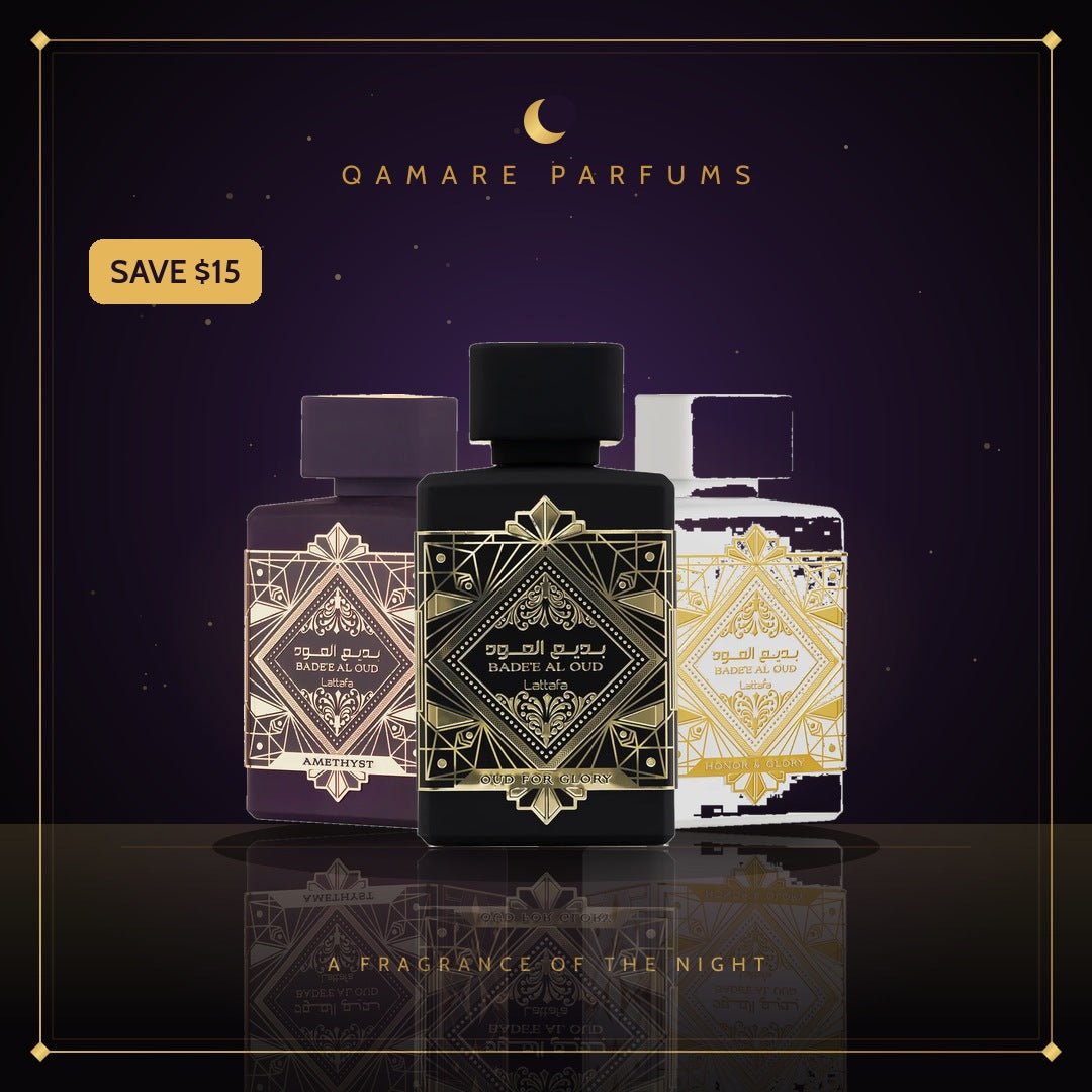 Badee Al Oud Collection — Amethyst + Sublime + Honor & Glory (3 x 100ml EDP) by Lattafa — Authentic Arabic Fragrance | Qamare