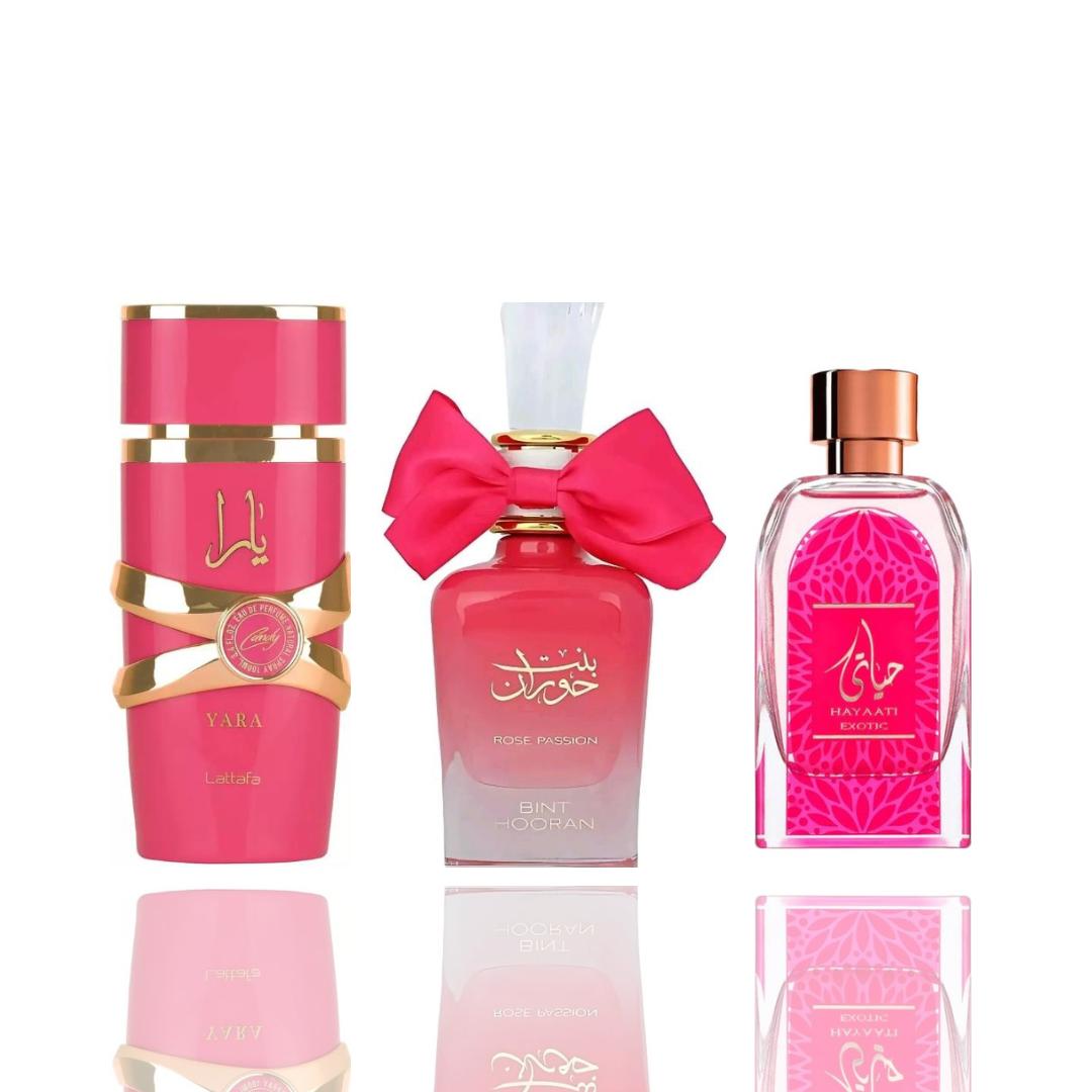 Hint Hooran Rose Passion + Hayaati Exotic + 1 More — 3-Piece Bundle by Qamare — Authentic Arabic Fragrance | Qamare
