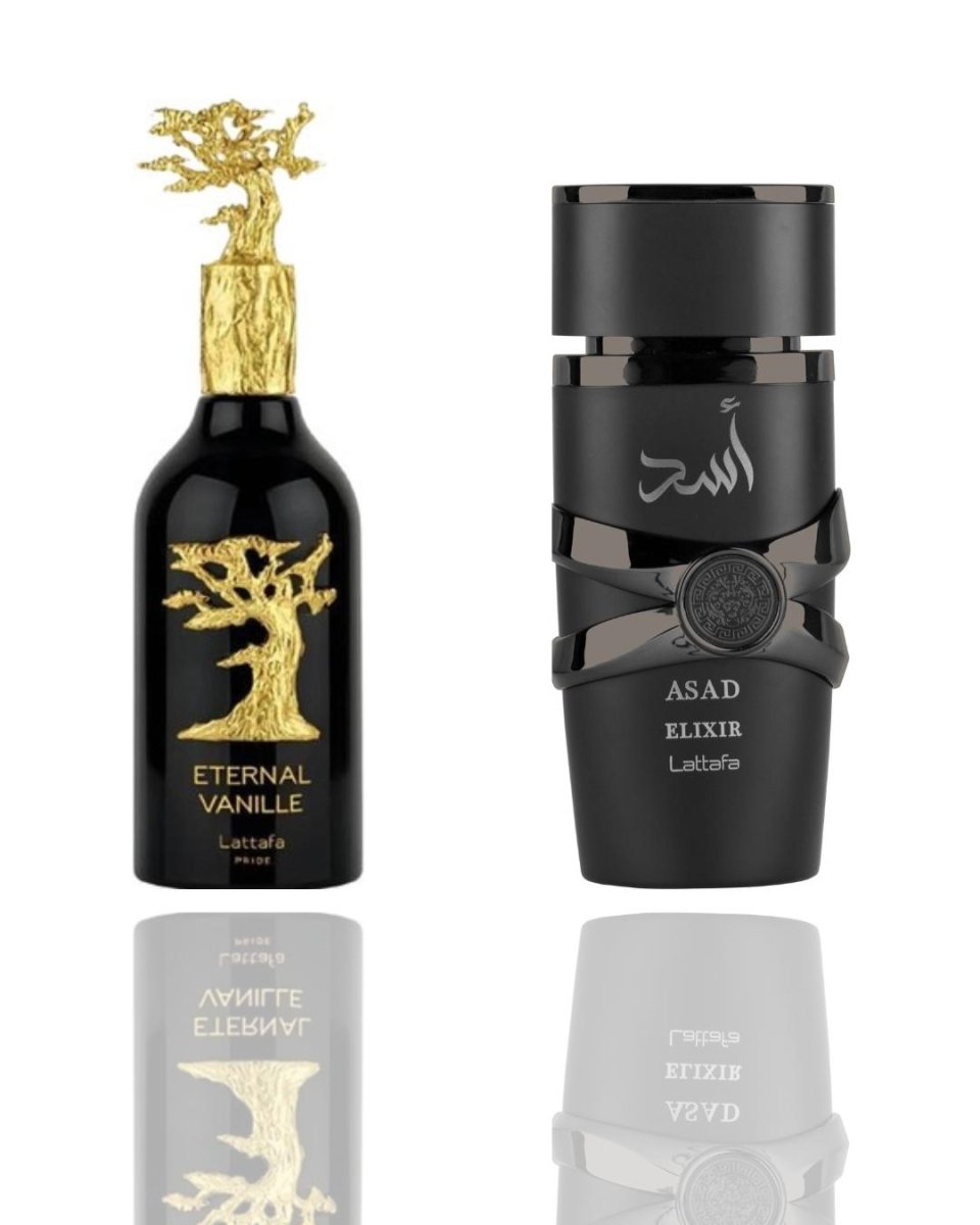 Asad Elixir + Eternal Vanille — 2-Piece Set by Qamare — Authentic Arabic Fragrance | Qamare