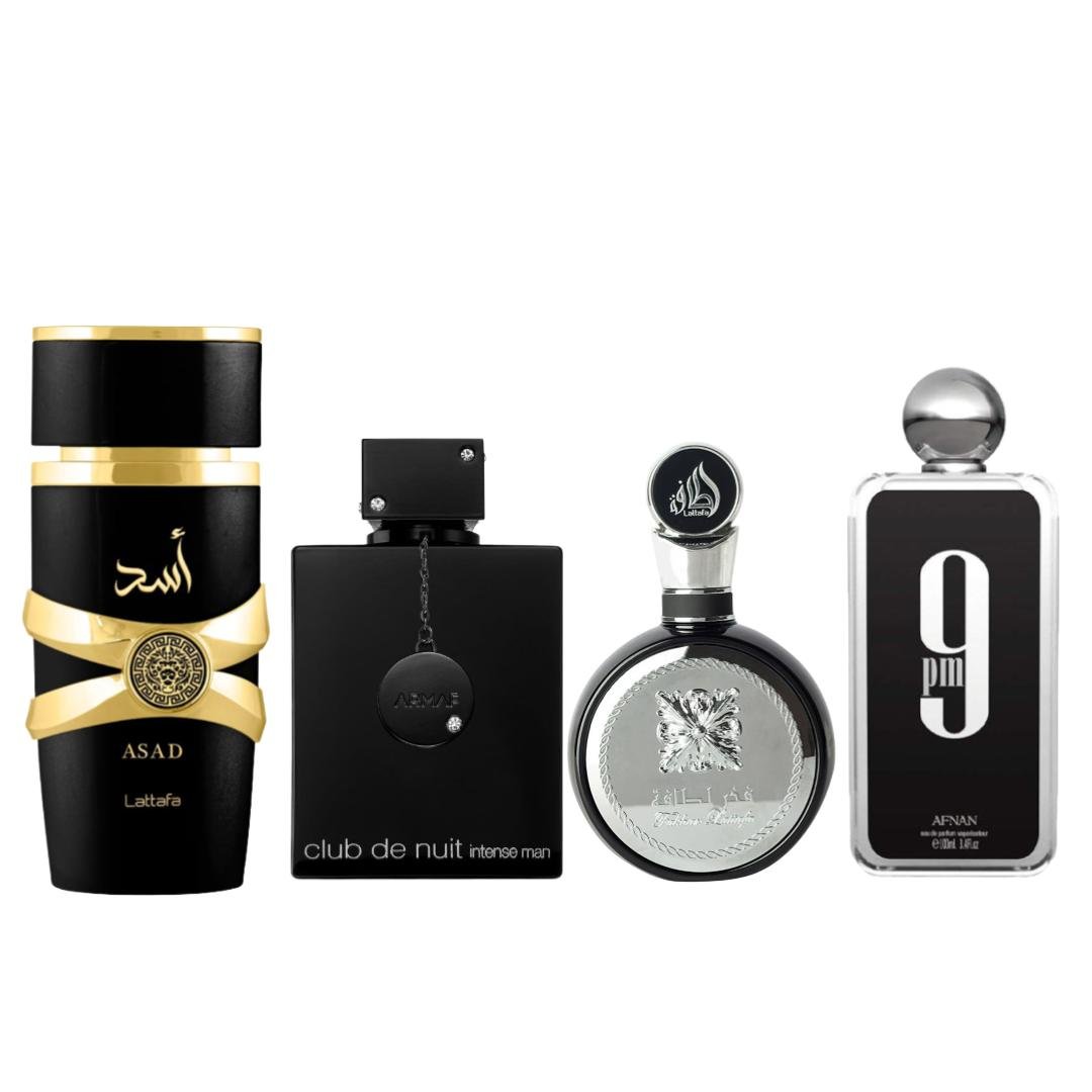 Lattafa Asad + 9pm + 2 More — 4-Piece Bundle by Lattafa — Authentic Arabic Fragrance | Qamare