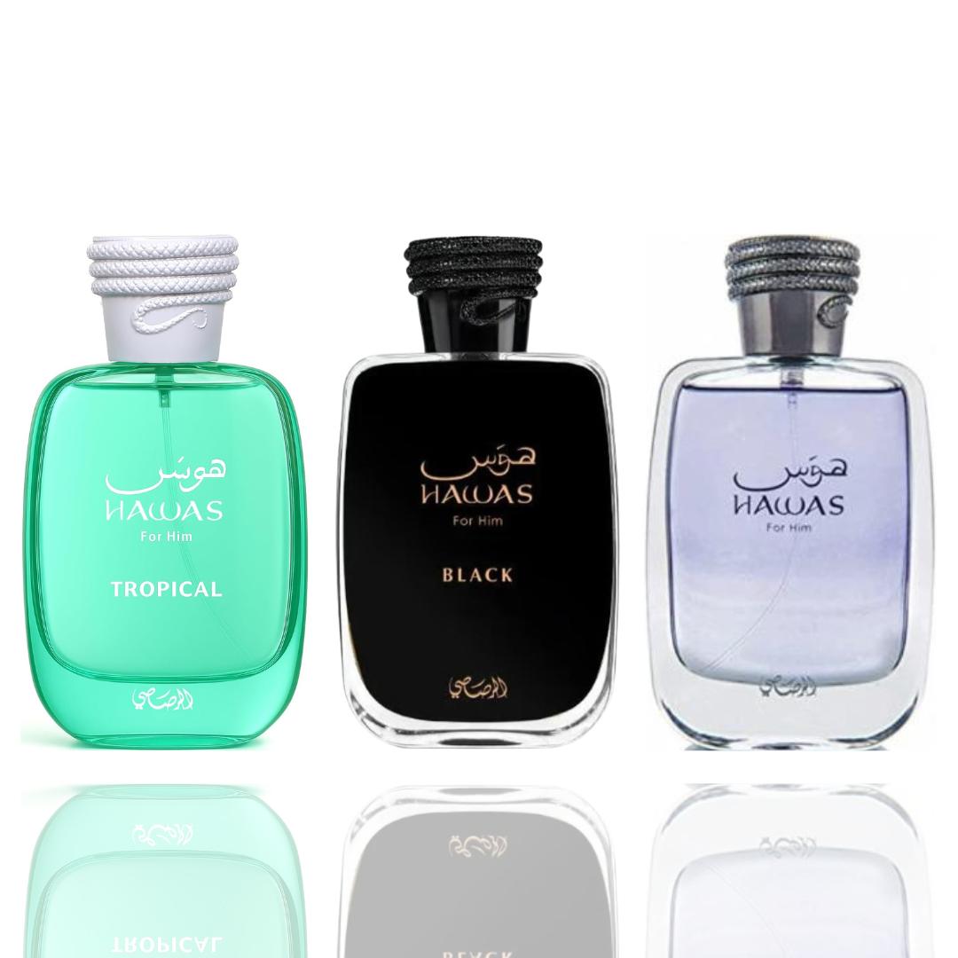 Hawas Tropical + Hawas Black + 1 More — 3-Piece Bundle by Qamare — Authentic Arabic Fragrance | Qamare