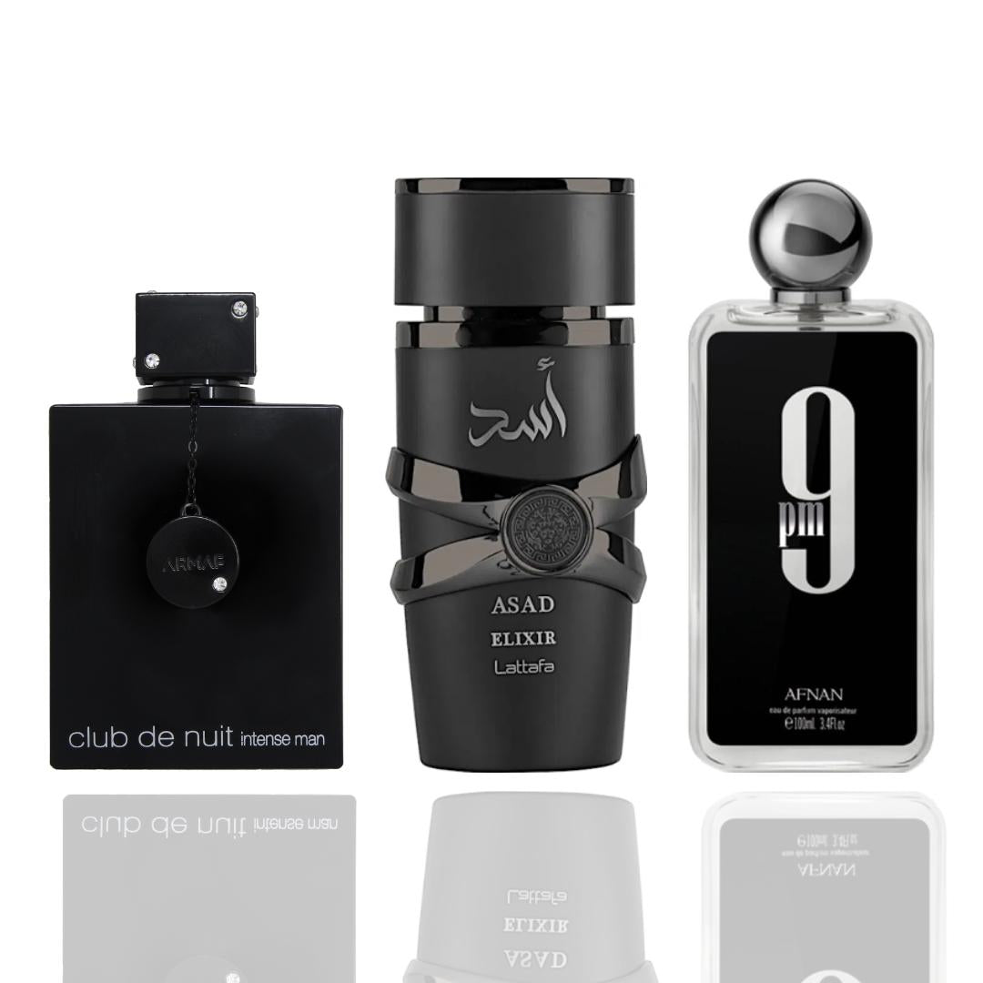 Asad Elixir + Pm Black + 1 More — 3-Piece Bundle by Qamare — Authentic Arabic Fragrance | Qamare