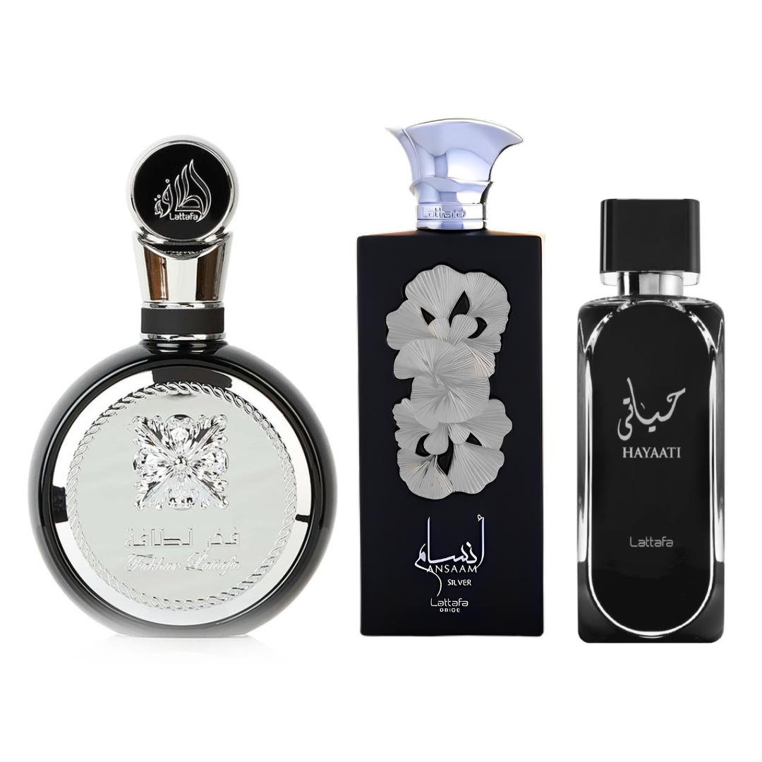 Lattafa Fakhar Silver + Ansaam Silver + Hayaati _ Eau de Parfum by Lattafa — Authentic Arabic Fragrance | Qamare
