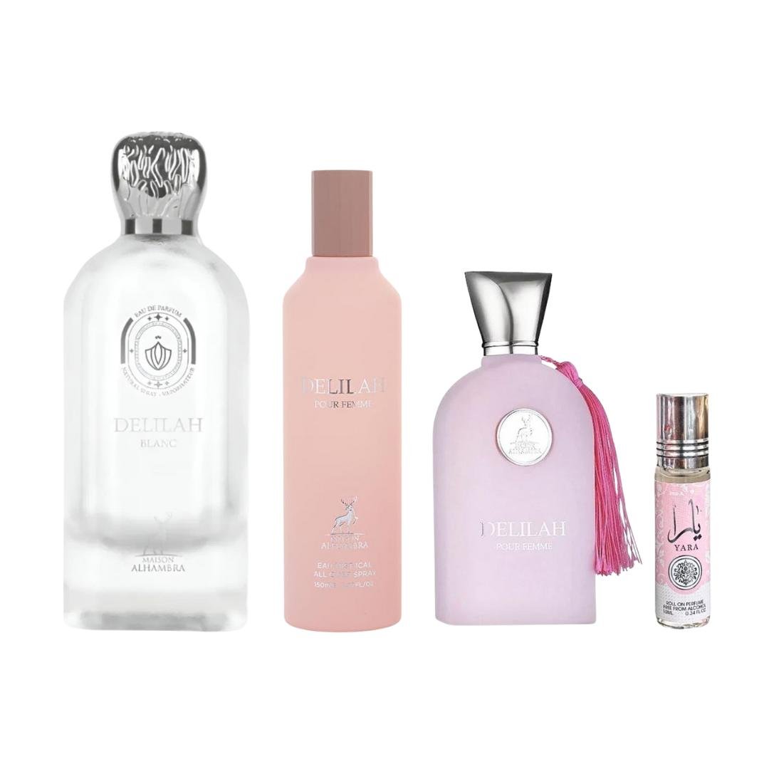Delilah Pour Femme + Delilah Pour Femme All Over + Yara Oil by Qamare — Authentic Arabic Fragrance | Qamare