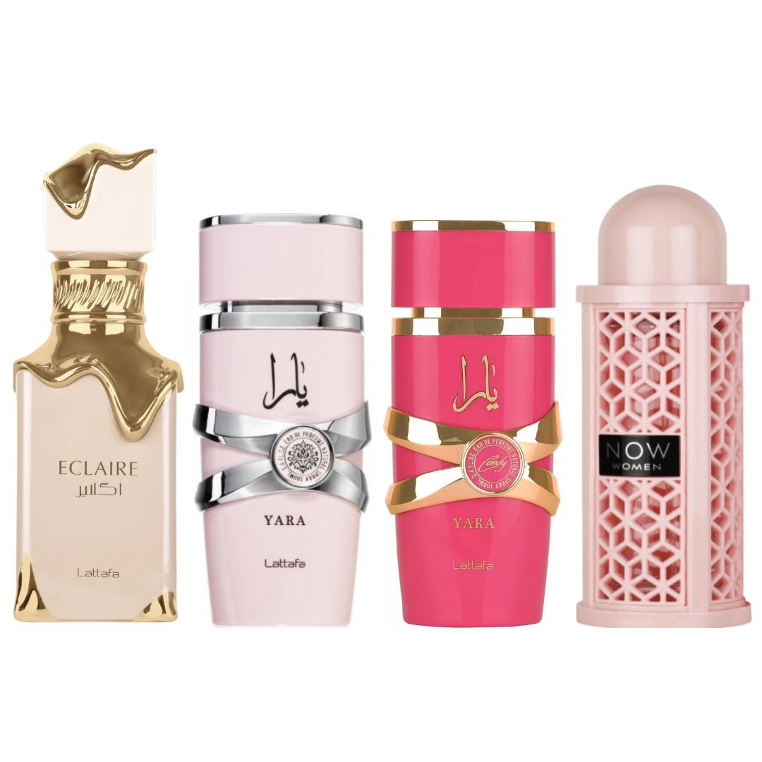 Yara Women + Now Women + 2 More — 4-Piece Bundle by Qamare — Authentic Arabic Fragrance | Qamare