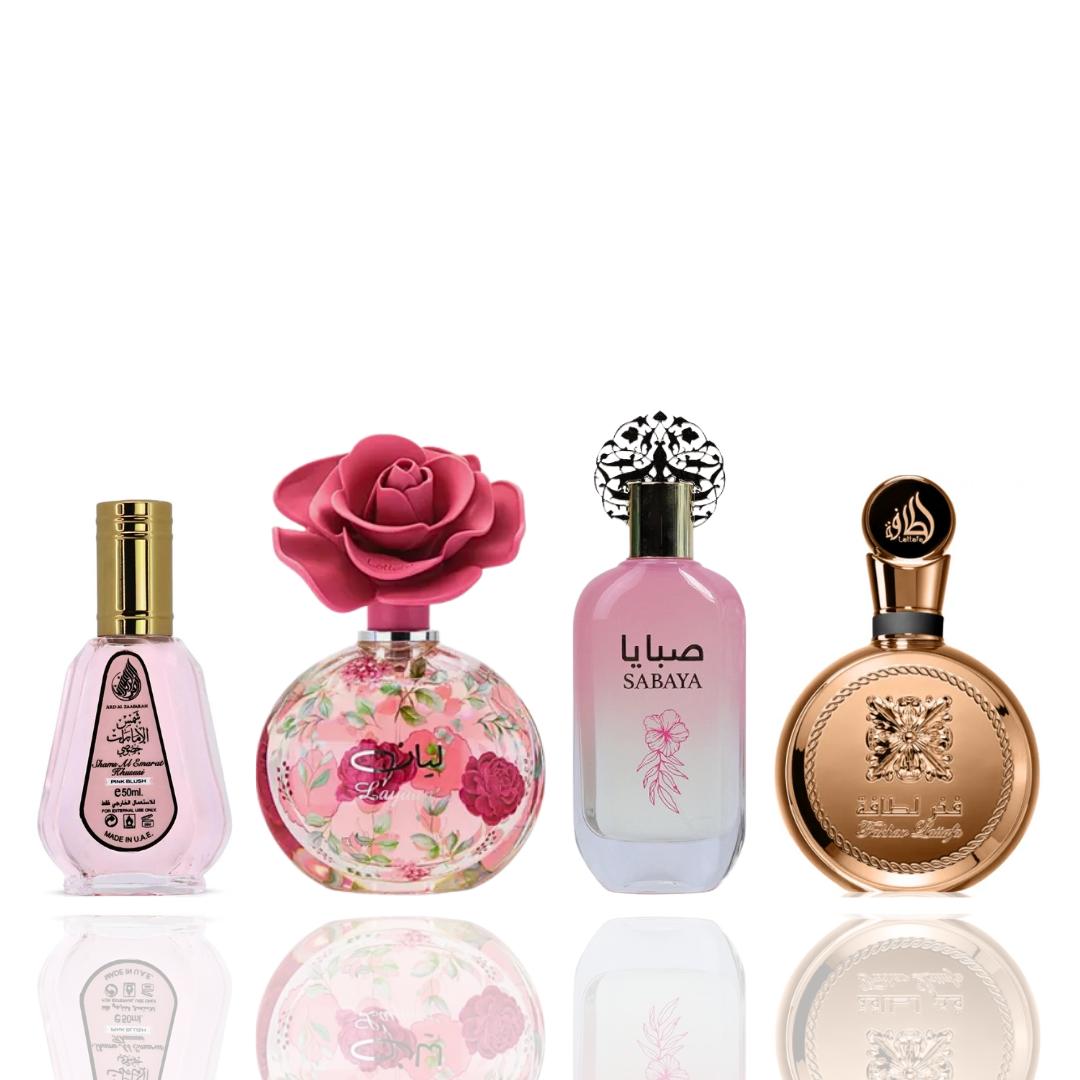 Fakhar Extrait + Pink Blush Shams Al Emarat + 2 More — 4-Piece by Qamare — Authentic Arabic Fragrance | Qamare