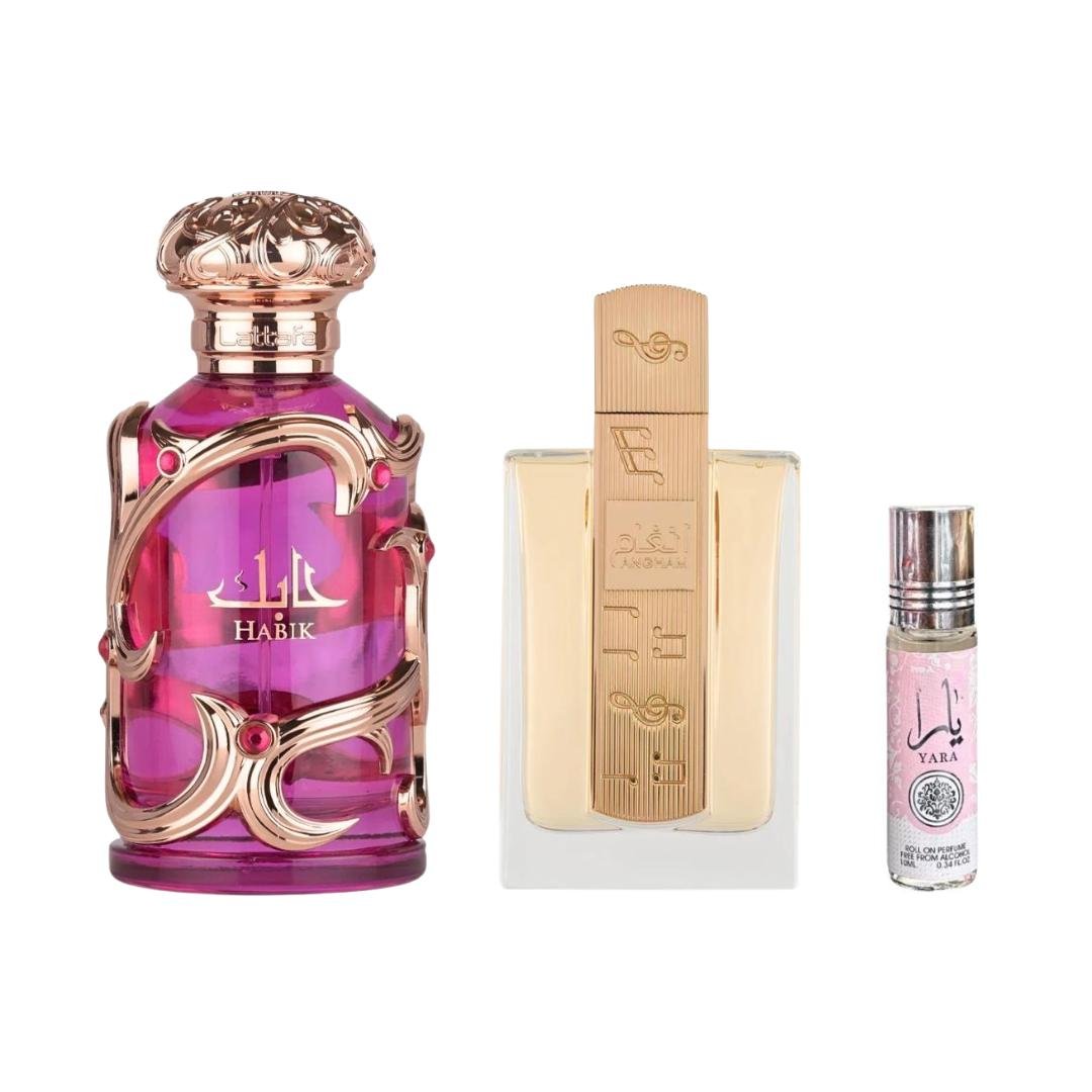 Habik Women + Angham + 1 More — 3-Piece Bundle by Qamare — Authentic Arabic Fragrance | Qamare