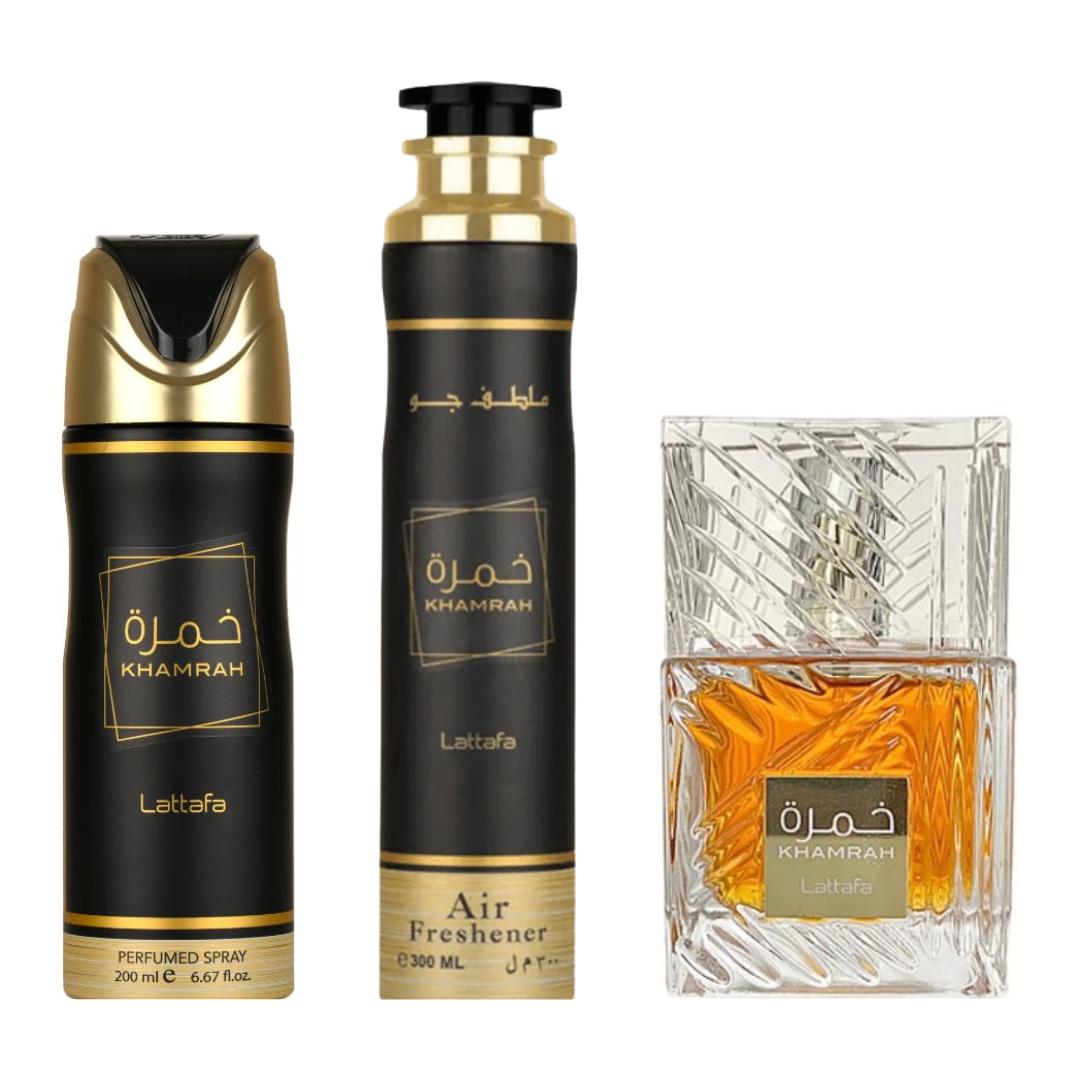Lattafa Khamrah + Khamrah Deodorant + Khamrah Air Freshener by Lattafa — Authentic Arabic Fragrance | Qamare
