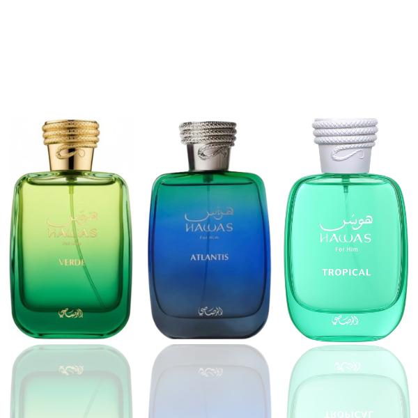 Hawas Atlantis + Hawas Verde + 1 More — 3-Piece Bundle by Qamare — Authentic Arabic Fragrance | Qamare