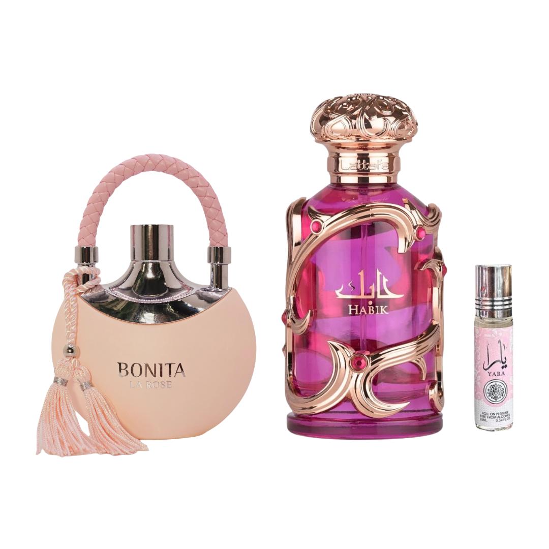Habik Women + Bonita La Rose + 1 More — 3-Piece Bundle by Qamare — Authentic Arabic Fragrance | Qamare