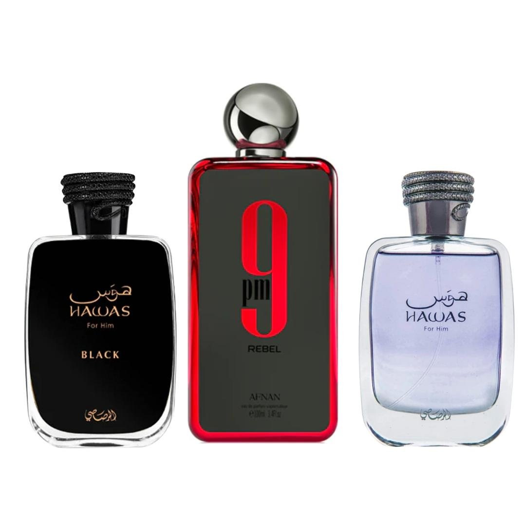 Rasasi 9pm Rebel + Hawas Black + 1 More — 3-Piece Bundle by Rasasi — Authentic Arabic Fragrance | Qamare