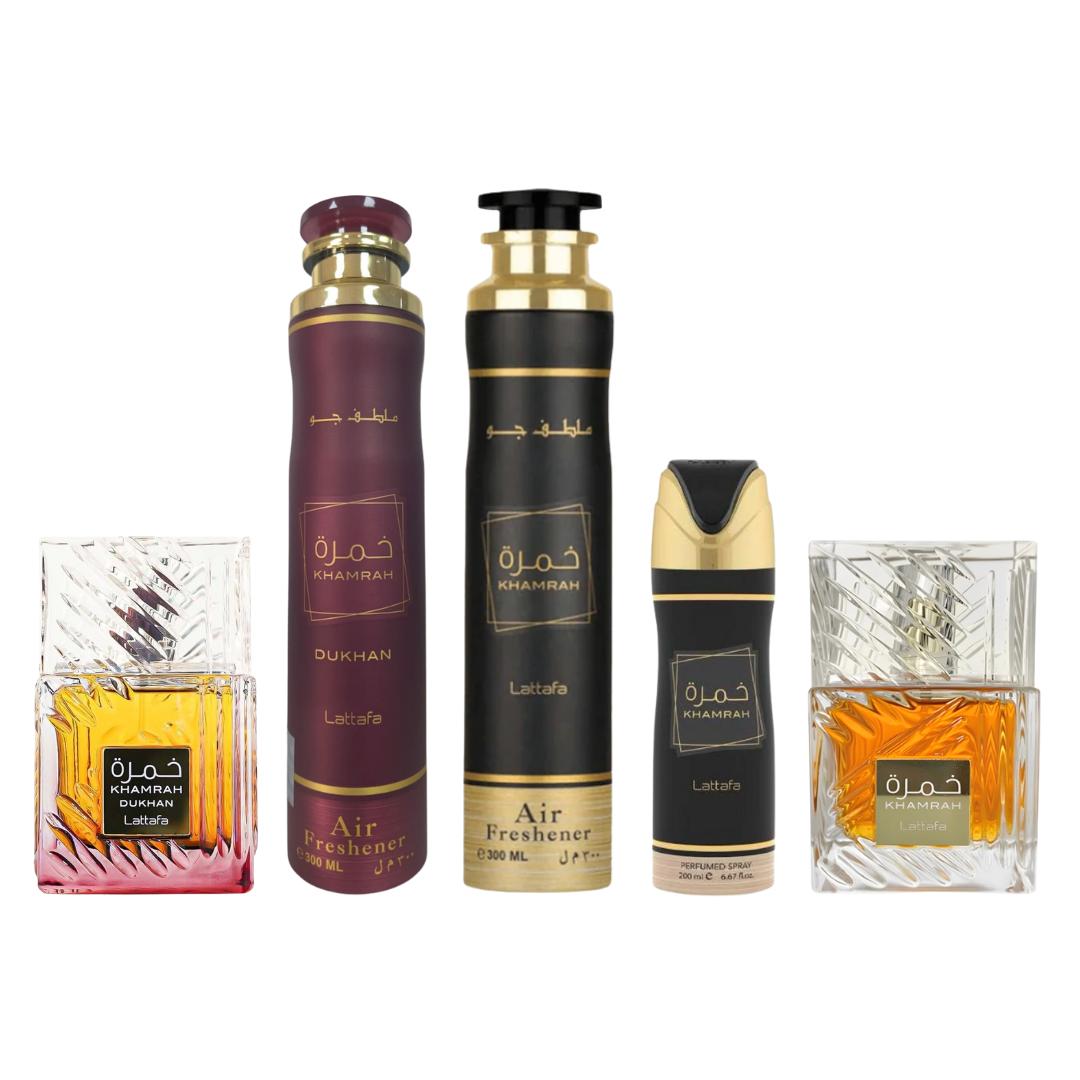 Khamrah + Khamrah Air Freshener + 3 More — 5-Piece Bundle by Qamare — Authentic Arabic Fragrance | Qamare