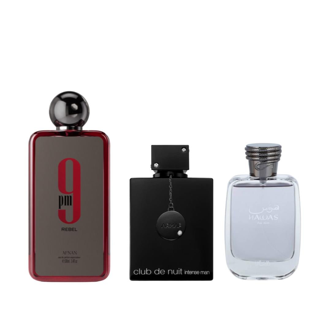 Rasasi Club De Nuit Black + Rebel + 1 More — 3-Piece Bundle by Rasasi — Authentic Arabic Fragrance | Qamare