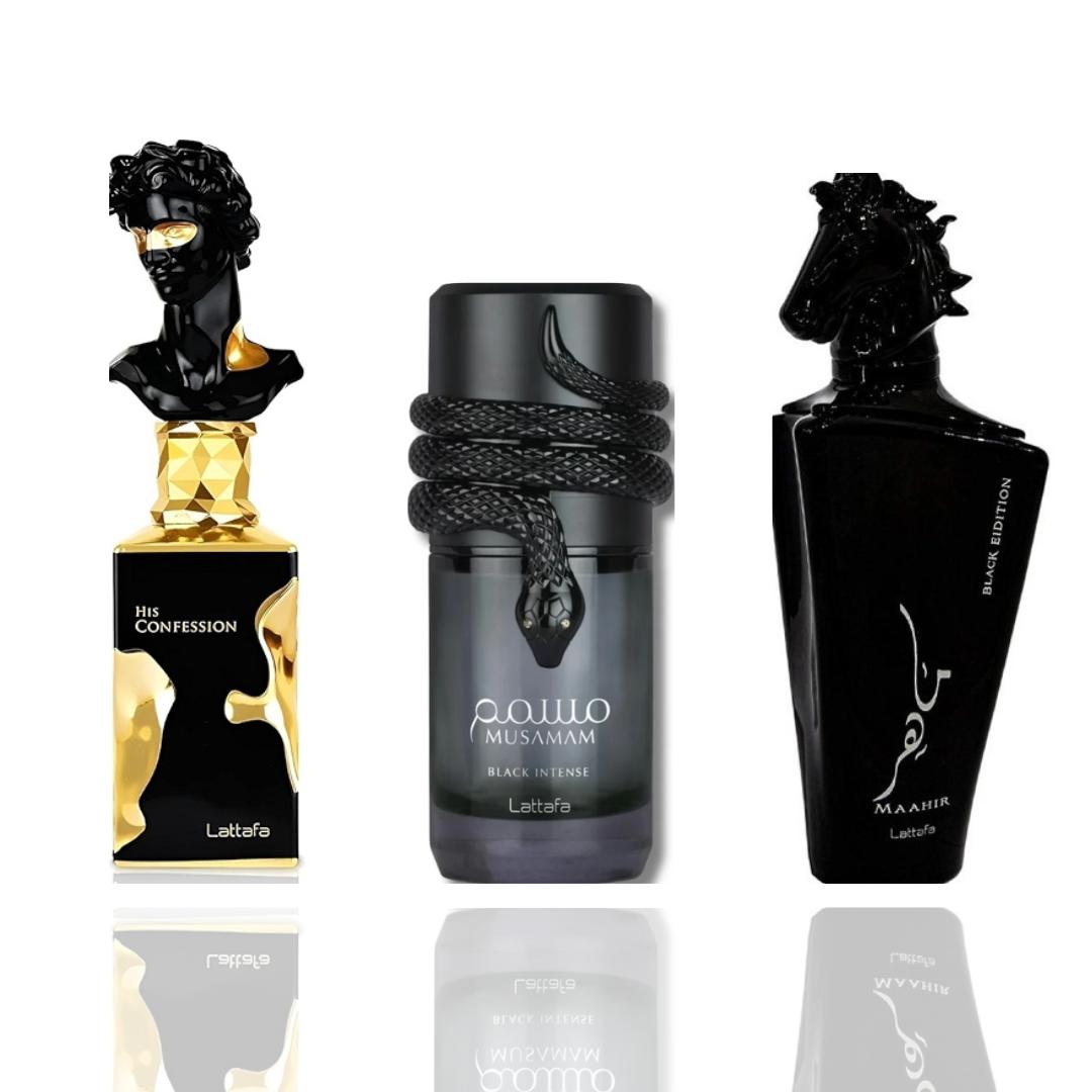 His Confession + Musamam Black Intense + 1 More — 3-Piece Bundle by Qamare — Authentic Arabic Fragrance | Qamare