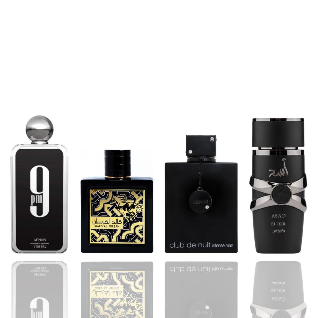 Lattafa Pm Black + Asad Elixir + Club De Nuit Intense + Ramz Silver by Lattafa — Authentic Arabic Fragrance | Qamare