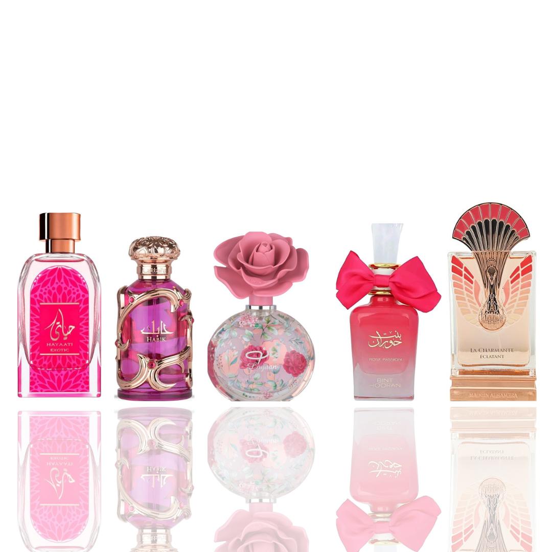 Hayaati Exotic + Habik Women + 3 More — 5-Piece Bundle by Qamare — Authentic Arabic Fragrance | Qamare