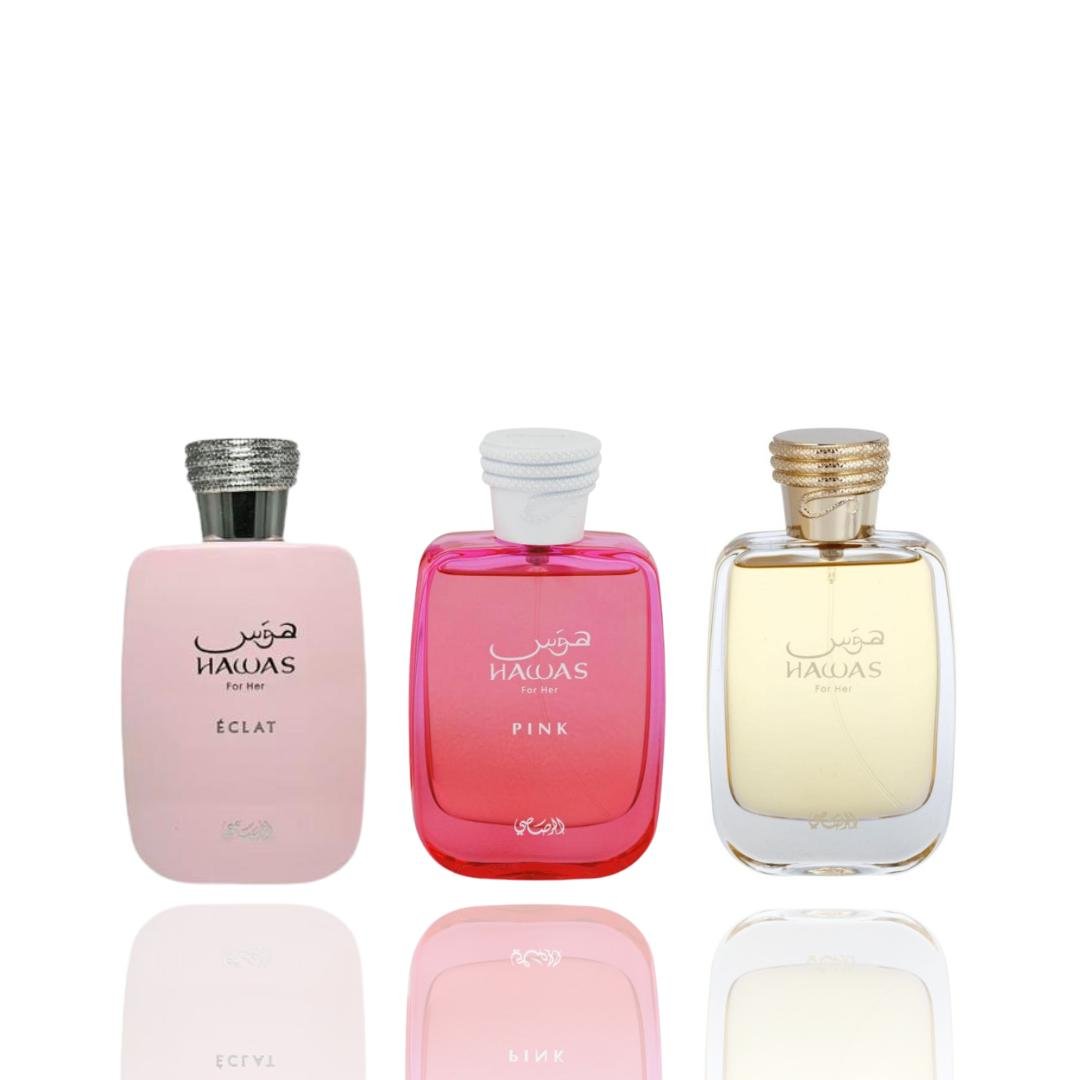 Hawas Eclat + Hawas Pink + 1 More — 3-Piece Bundle by Qamare — Authentic Arabic Fragrance | Qamare
