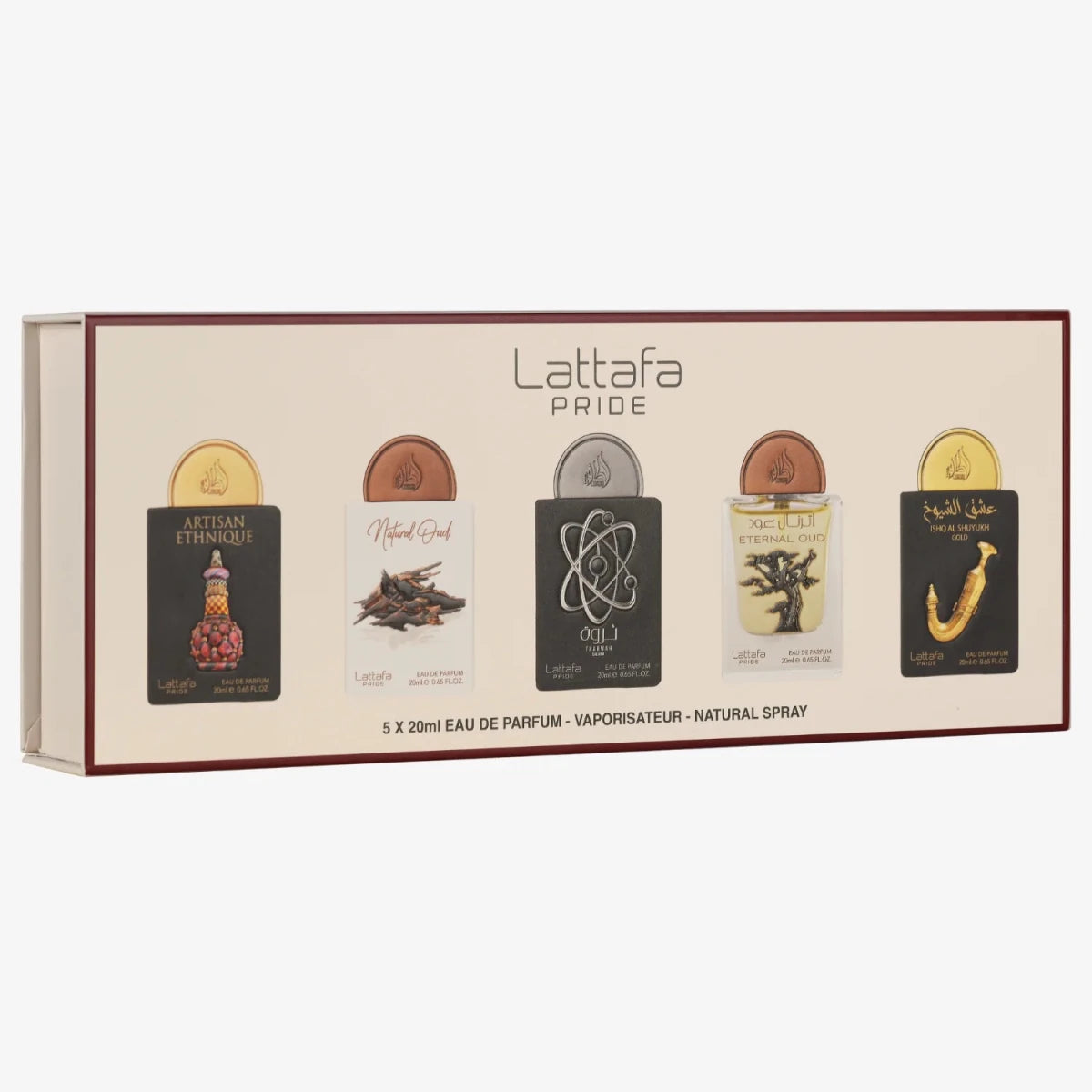 Lattafa Pride 5x Artisan Ethnique Natural Oud Tharwah Silver Eternal Oud Shuyukh Gold Gift Set Eau de Parfum 20ml by Lattafa — Authentic Arabic Fragrance | Qamare