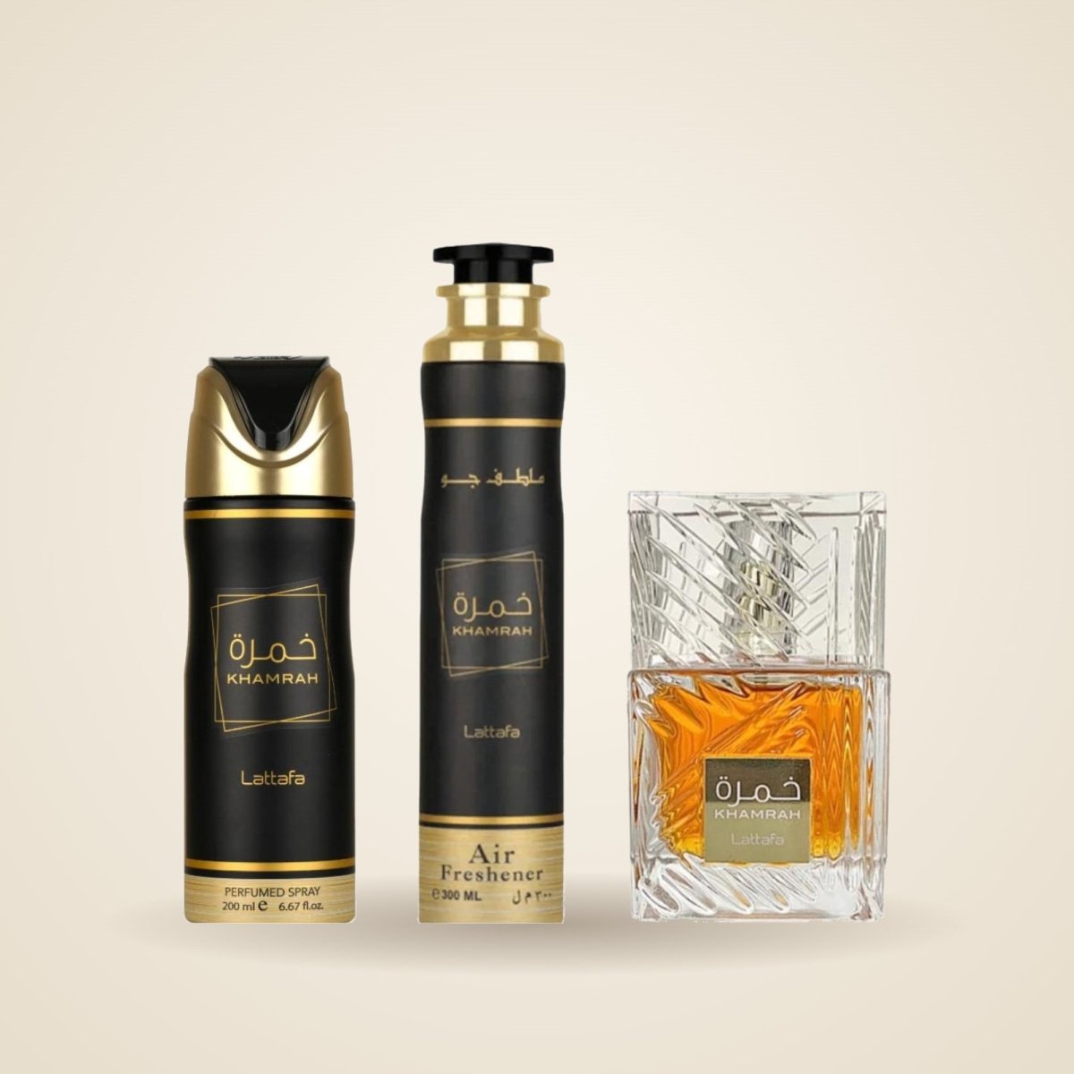 Lattafa Khamrah + Khamrah Deodorant + Khamrah Air Freshener by Lattafa — Authentic Arabic Fragrance | Qamare