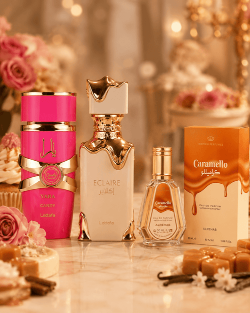 Sweet Trio — Yara Candy, Eclaire & Caramello by Qamare — Authentic Arabic Fragrance | Qamare